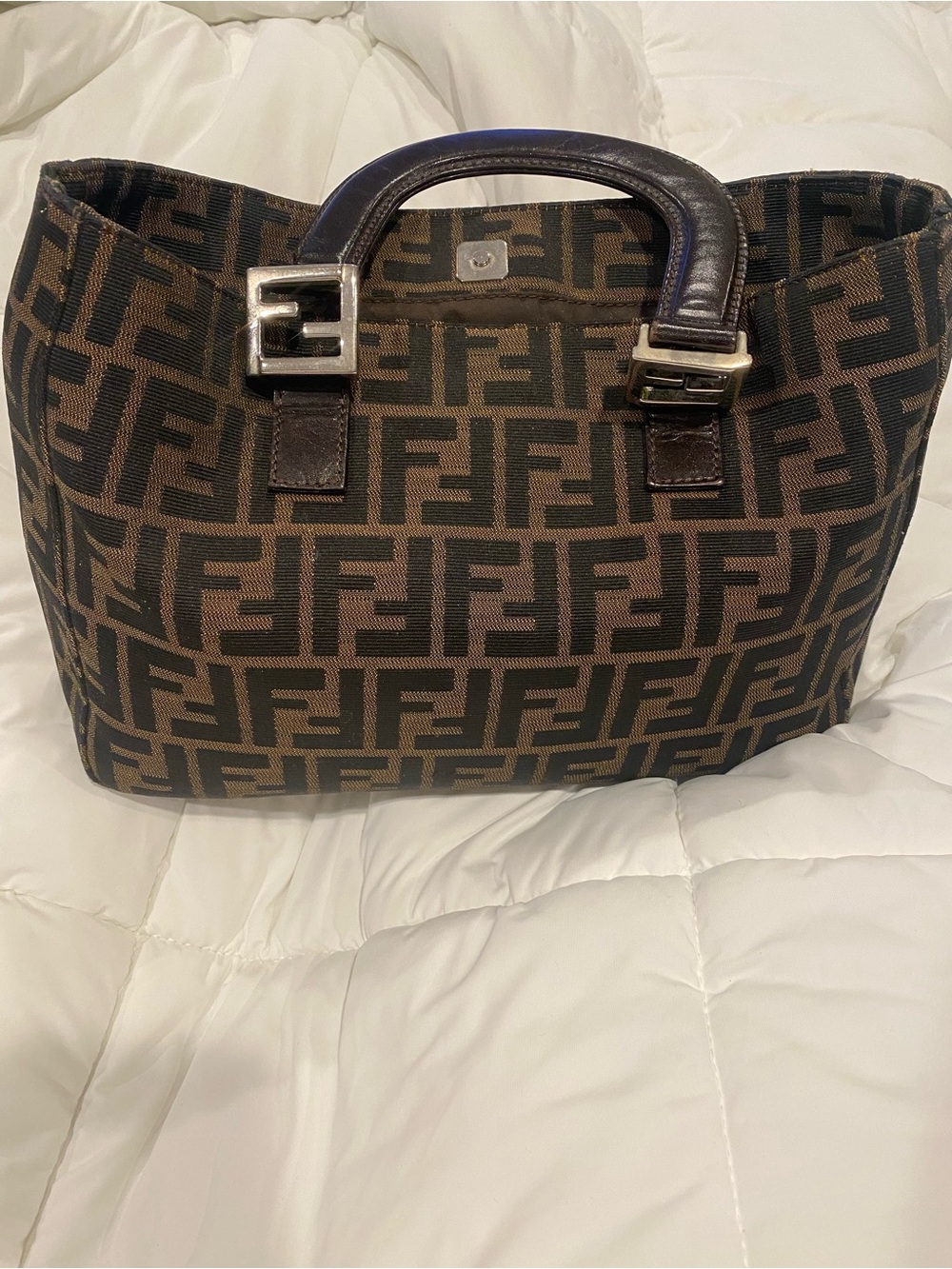 Fendi Brown FF Zucca Tote Bag with Leather Handles